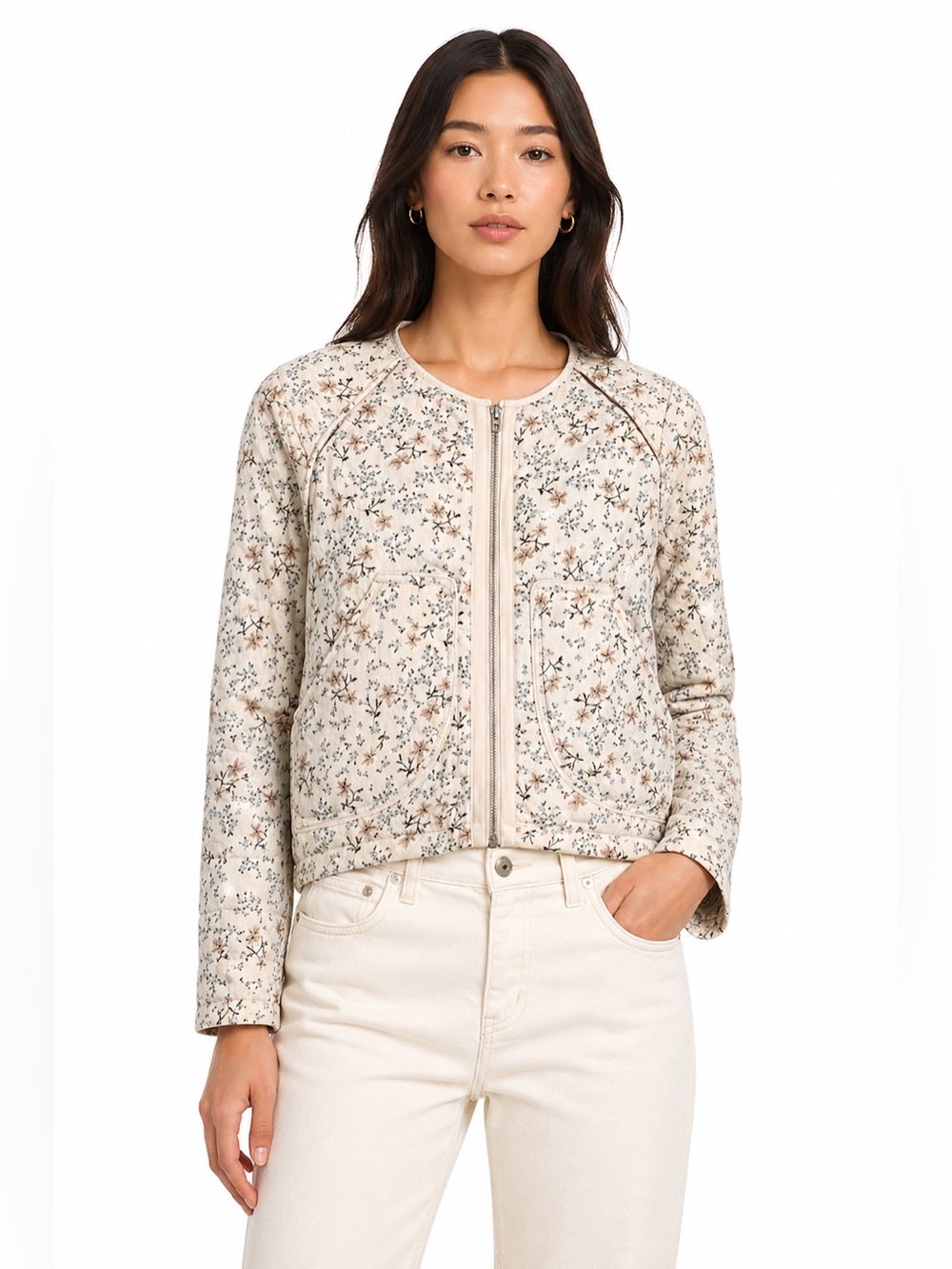 Blank NYC Floral Quilted Jacket Cropped Bomber Zip Front Beige Medium